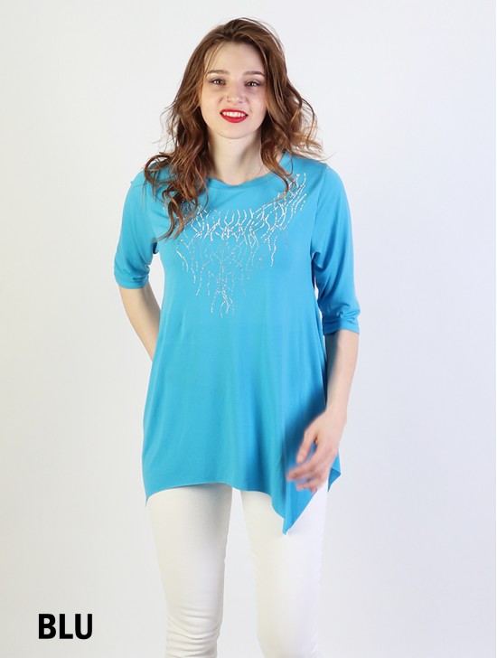 Solid Color Mid-Sleeved Top with Branched Rhinestone 